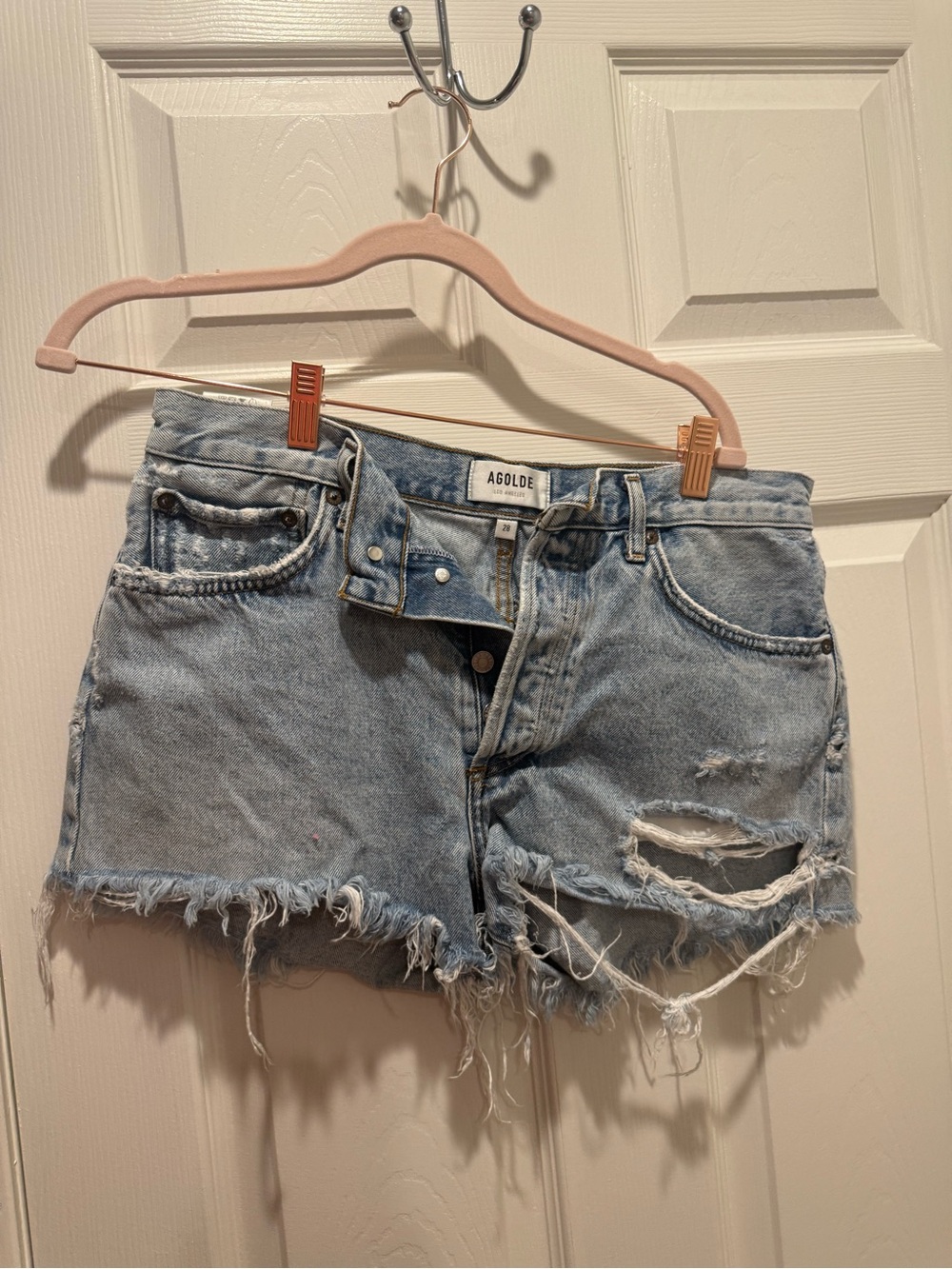 Agolde Light Blue Distressed Denim Cutoff Shorts